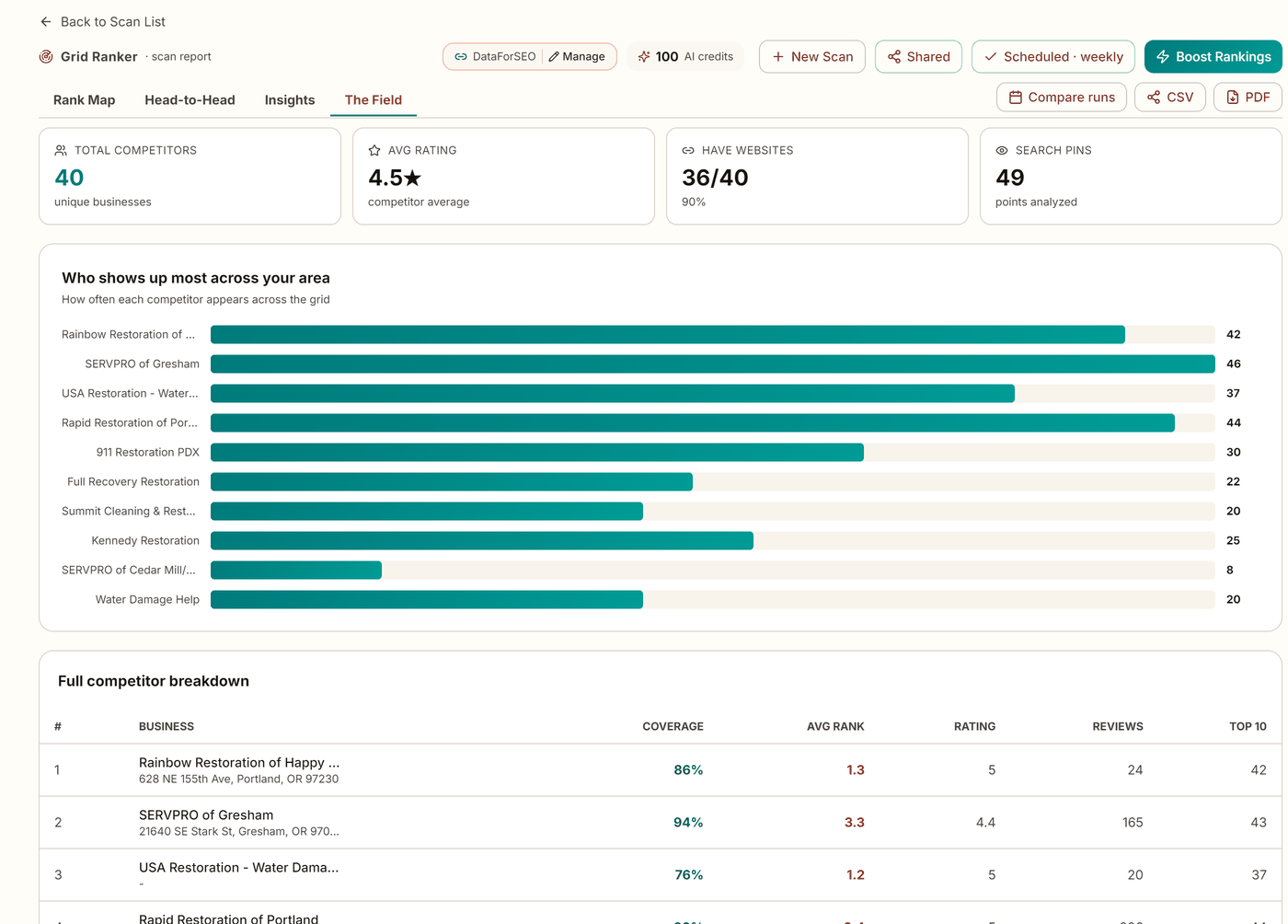 Grid Ranker competitor analysis showing which businesses appear most across the grid with a full breakdown table