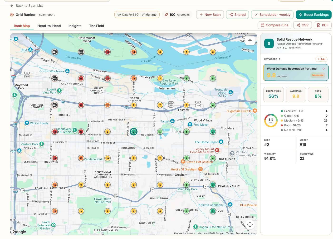Colour-coded geo-grid rank map for a local business on Google Maps