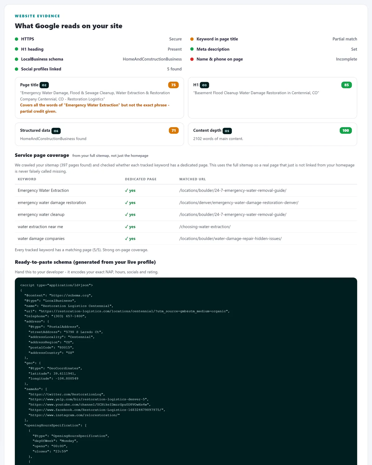 Local SEO website audit with LocalBusiness schema check