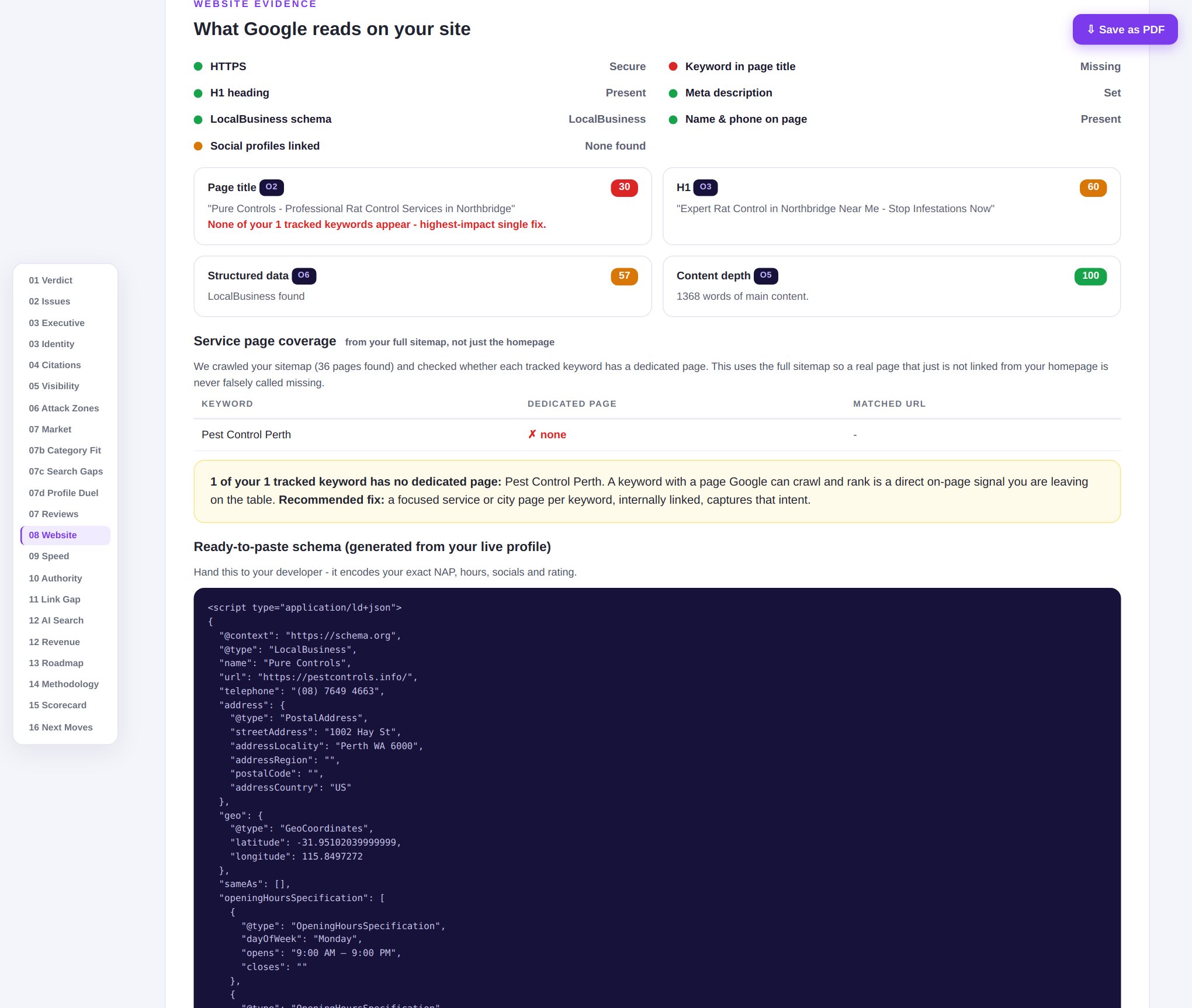 Website section of the audit report: what Google reads on the site, service page coverage from the sitemap, and ready-to-paste LocalBusiness schema generated from the live profile