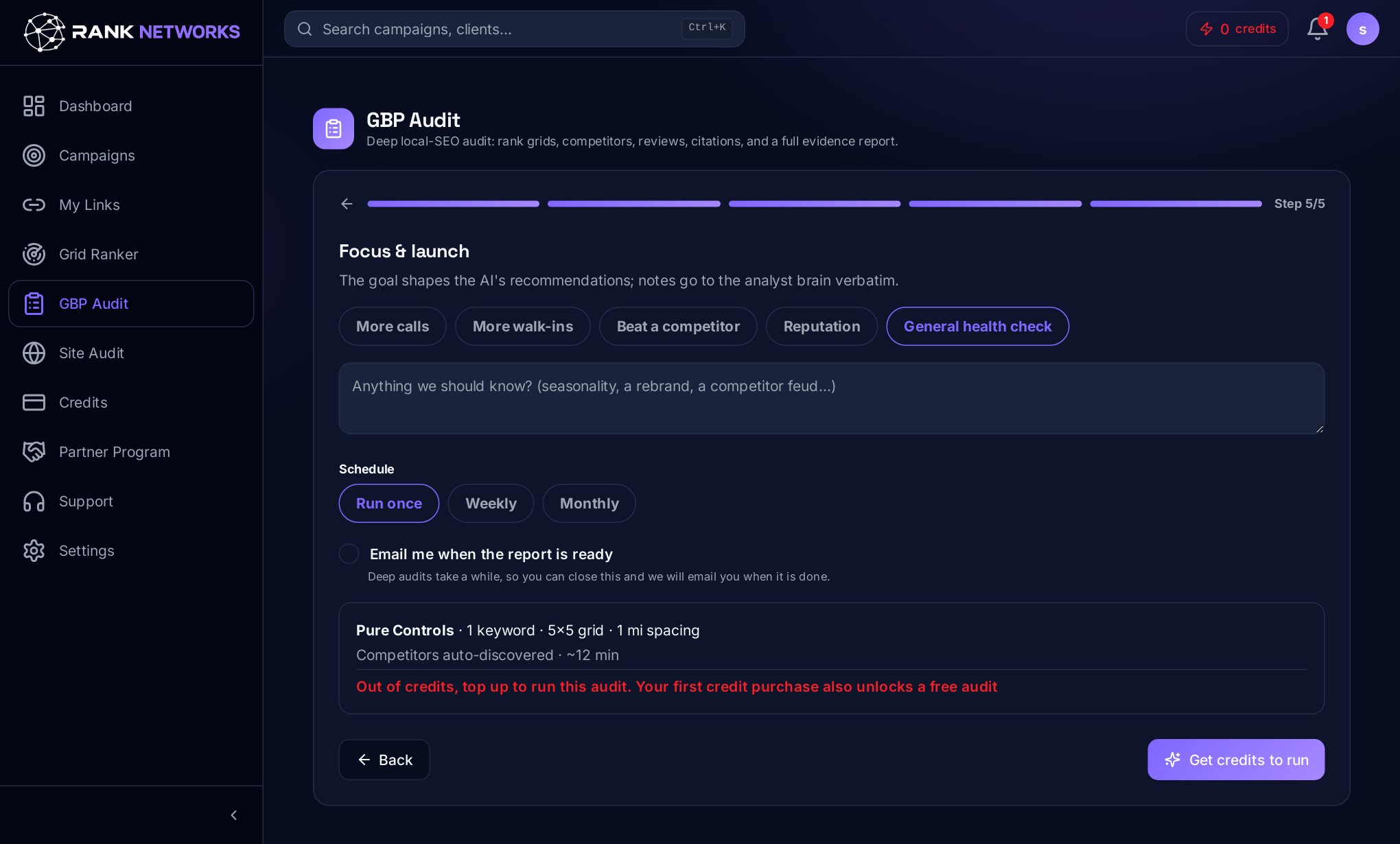 Audit wizard step 5: focus and launch screen summarising the audit before it runs