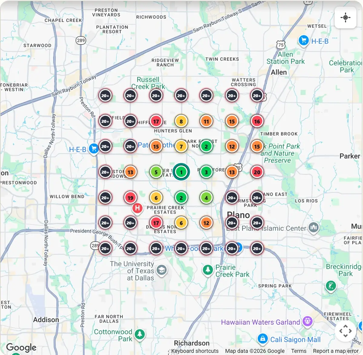 Rank grid for dentist near me across a Texas suburb, strong near the practice and weak toward the edges