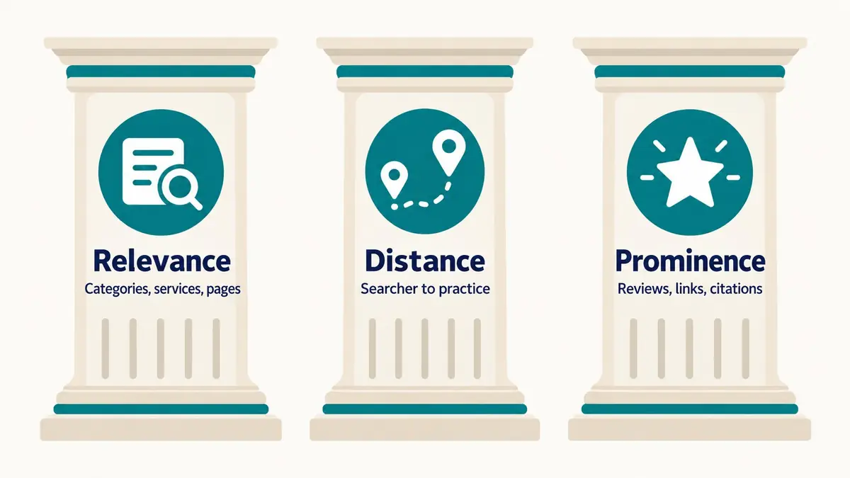 Three pillars labelled relevance, distance and prominence, the three local ranking factors