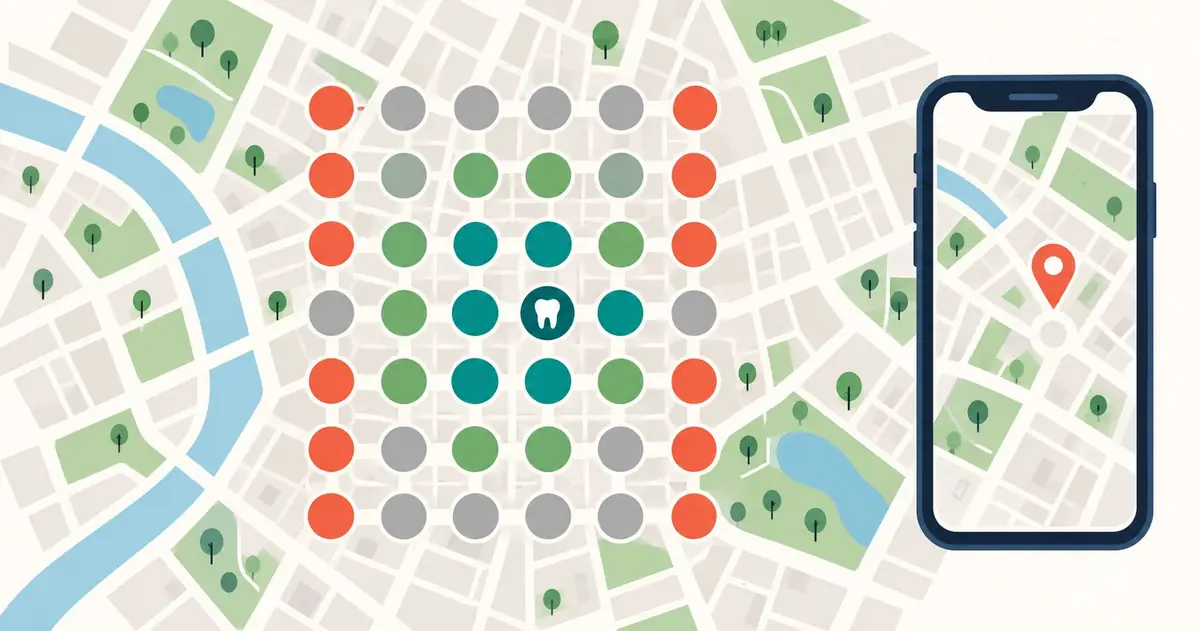 Rank grid over a city map with a tooth icon at the center and a phone showing a map pin