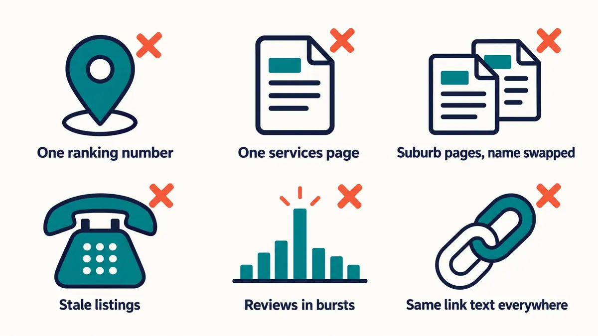 Six common dental SEO mistakes shown as icons with crosses