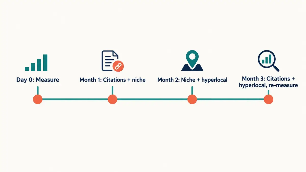 Timeline with four milestones: day 0 measure, month 1 citations and niche, month 2 niche and hyperlocal, month 3 citations and hyperlocal then re-measure