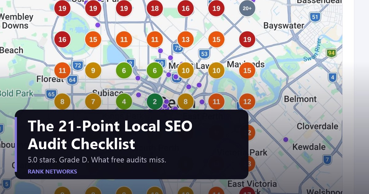 The 21-point local SEO audit checklist, shown over a real Google Maps rank grid