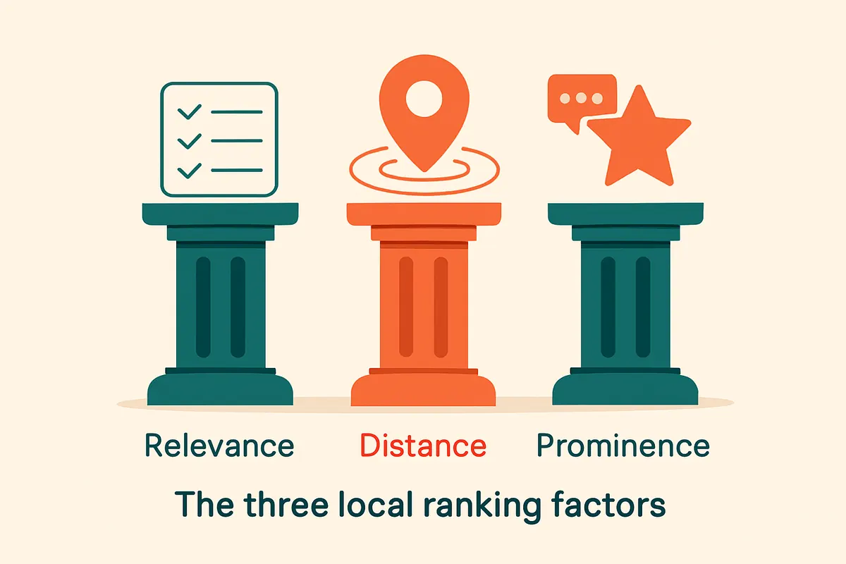 Three pillars labelled relevance, distance and prominence, the three local ranking factors