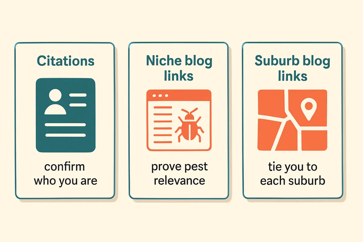 Three cards describing citations, niche blog links and suburb blog links for a pest control company
