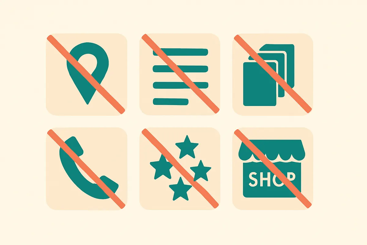 Six crossed-out icons for the common pest control SEO mistakes