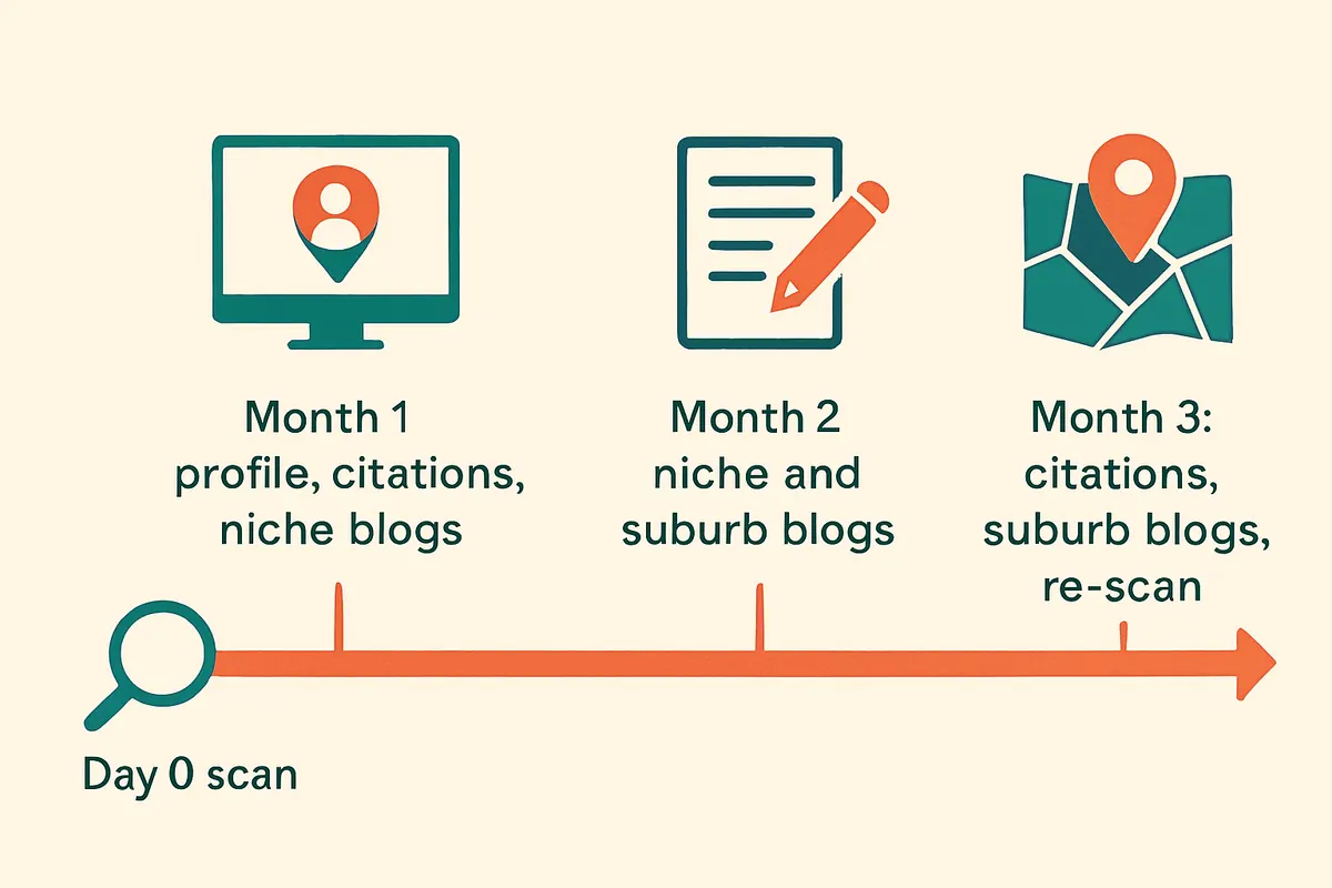 Timeline with four milestones: day 0 scan, month 1 profile citations and niche blogs, month 2 niche and suburb blogs, month 3 citations and suburb blogs then re-scan