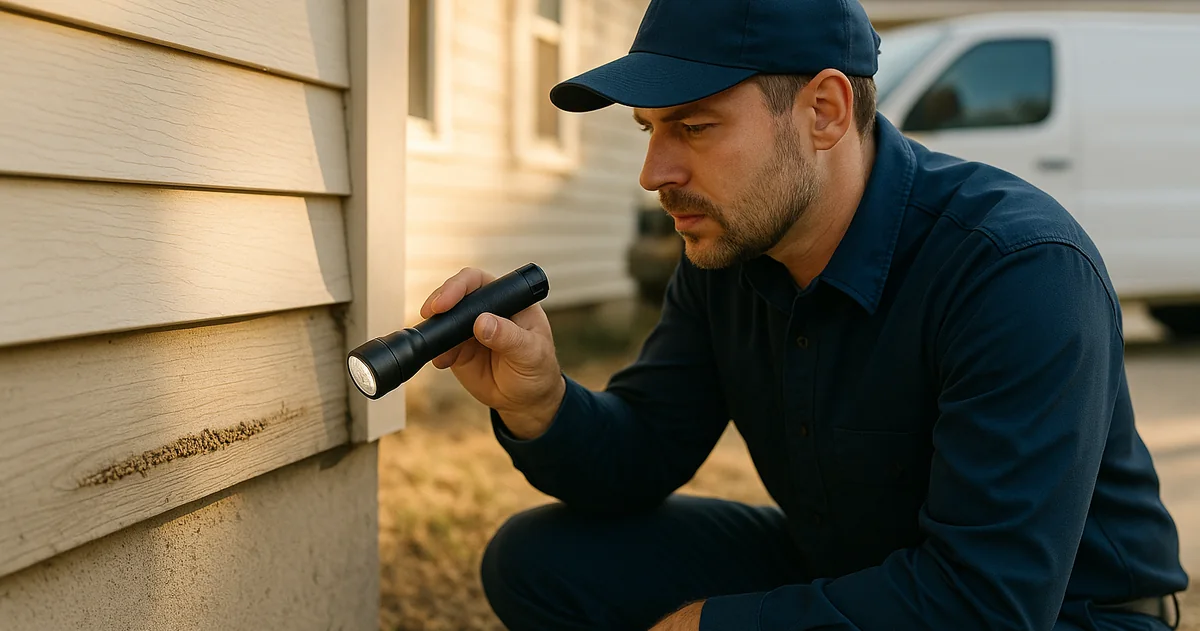 A pest control technician in a navy shirt and cap inspects a termite trail on the side of a house with a torch, his van parked behind