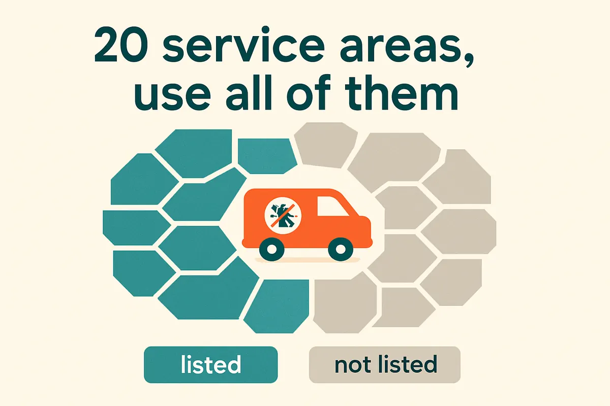 A map with a pest control van in the middle, nearby suburbs shaded as listed service areas and far suburbs grey as not listed