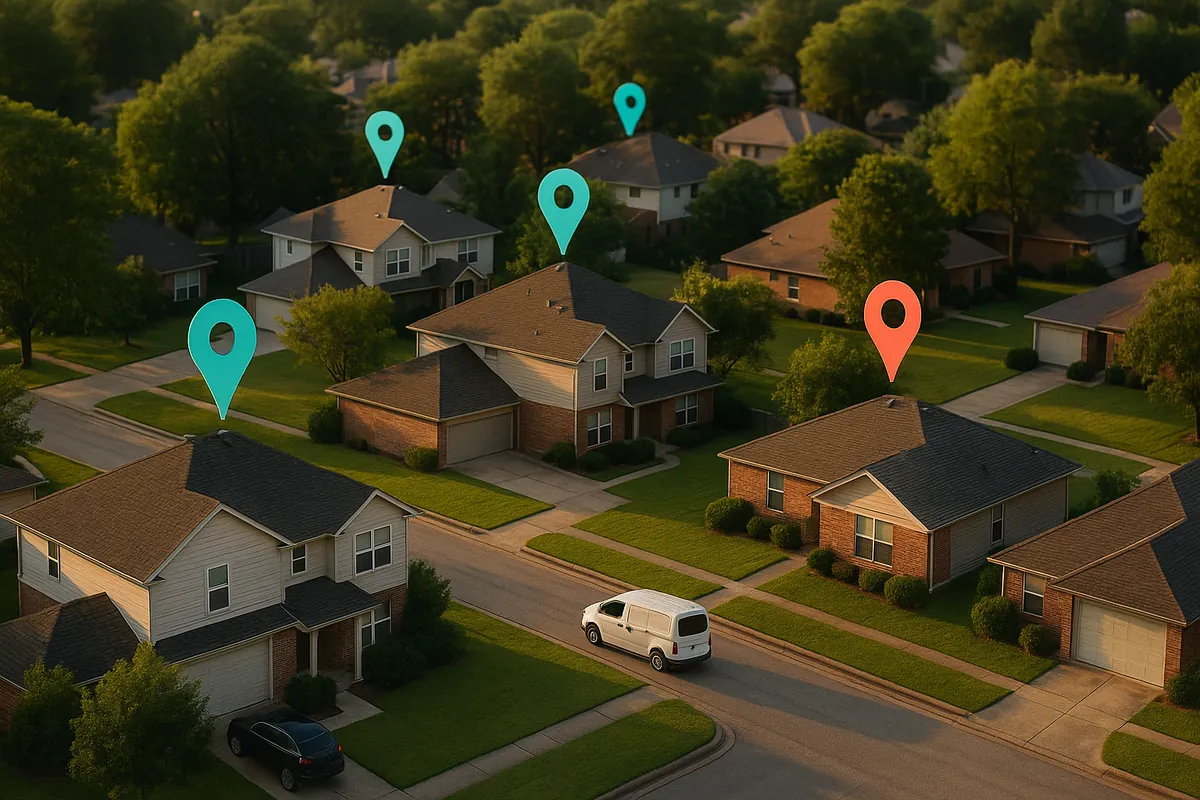 Aerial view of a suburb at golden hour with map markers floating over several houses and a white pest control van on the street