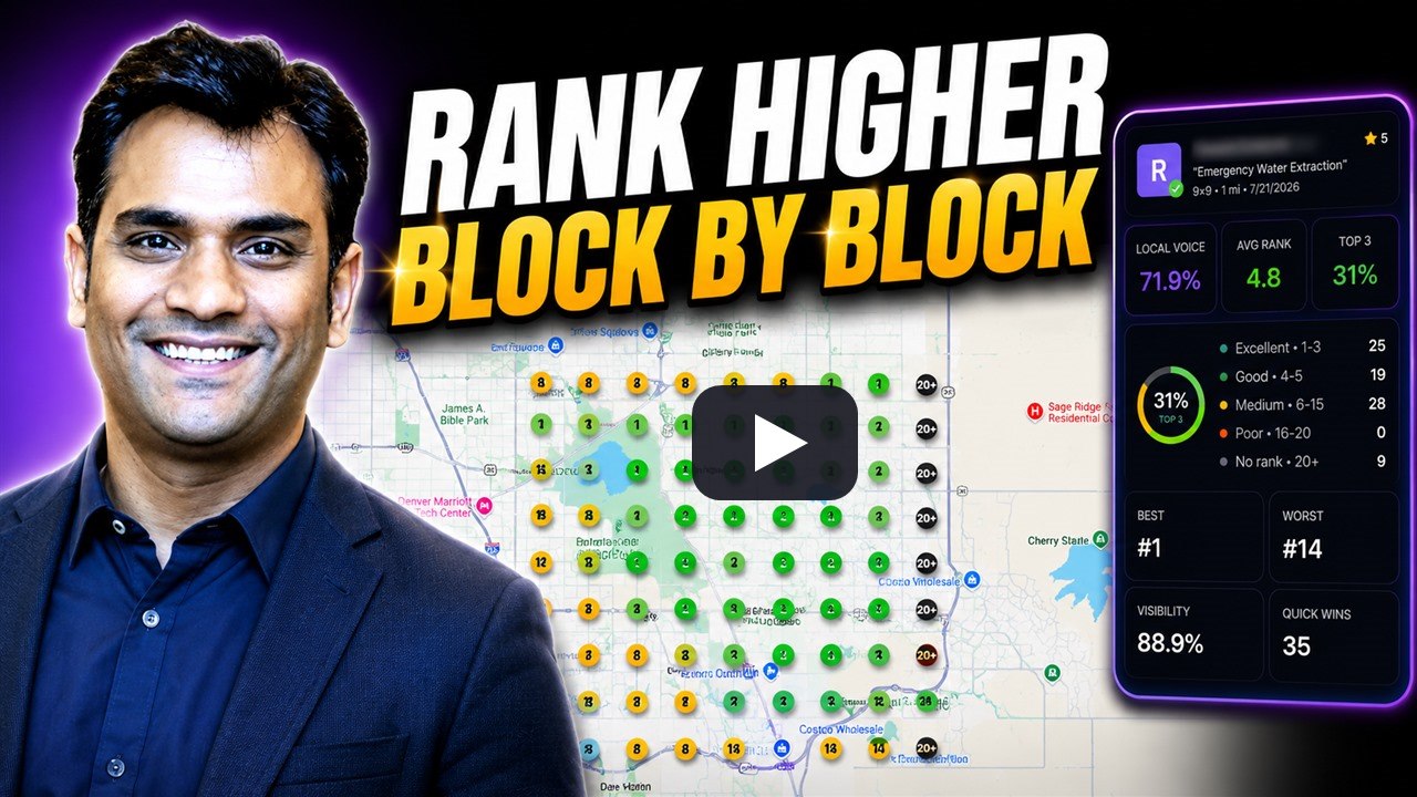 Grid Ranker walkthrough video preview: geo-grid rank map with numbered pins