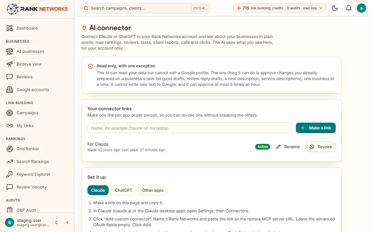 The AI connector page: the private link, the set-up steps for Claude and ChatGPT, and example questions to ask.