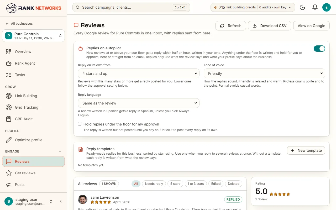 The review inbox: a new review with its drafted reply waiting for one click, and the star floor and tone settings beside it.