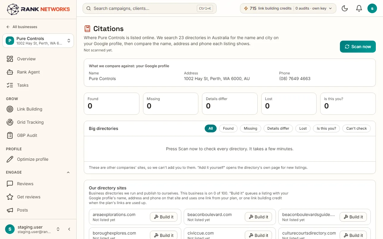 The Citations page: directories found, missing and to check for one business, and Build it on our own sites.