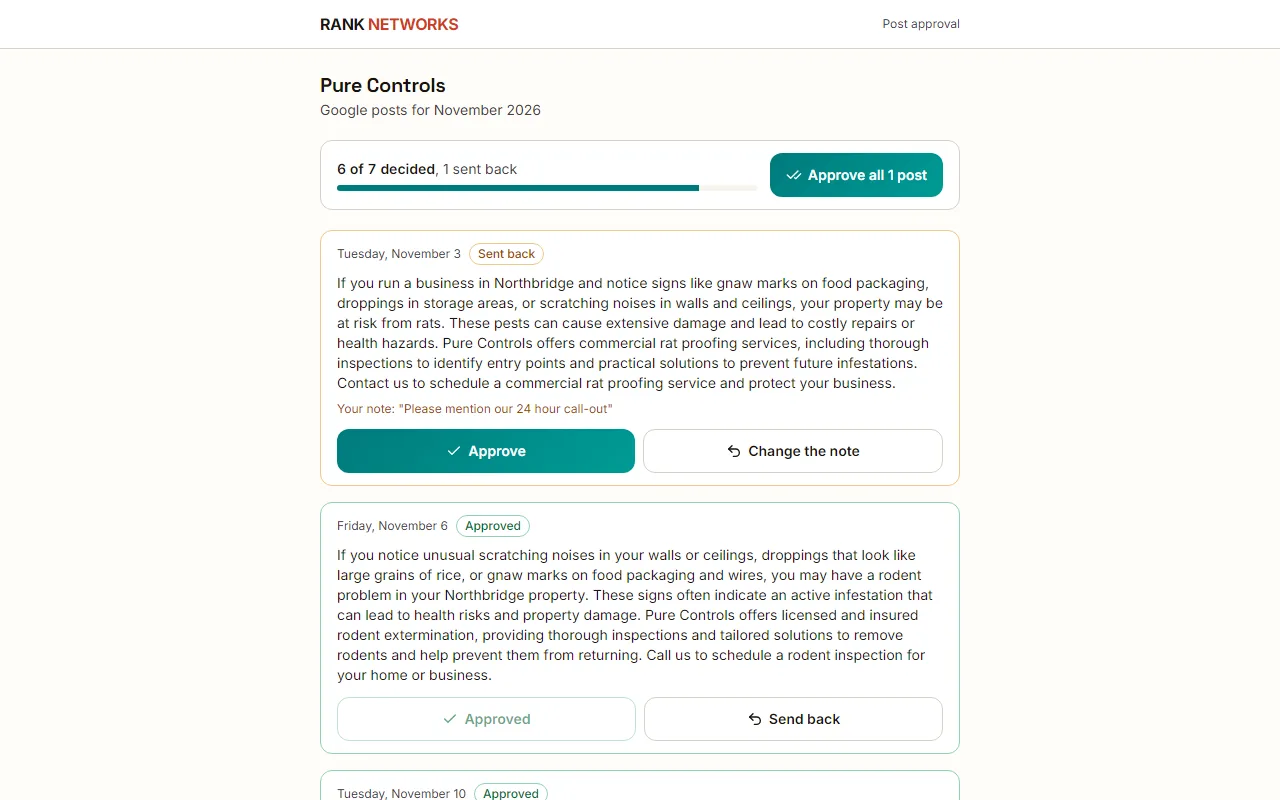 The approval page a client sees: each post with its date, text and image, Approve and Send back on each, and the count at the top.