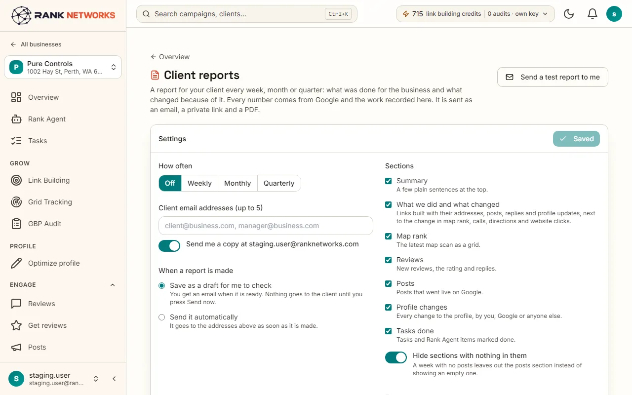 The Client reports page: the schedule and sections, the recipients, and the list of reports made with their PDF and share link.