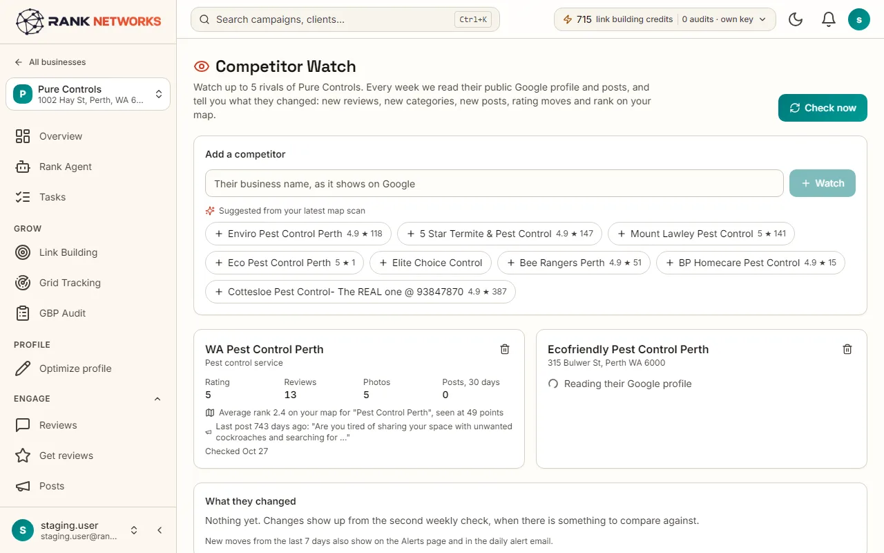 Competitor Watch: rivals suggested from the map scan, and a watched rival's rating, reviews, photos and posts week by week.