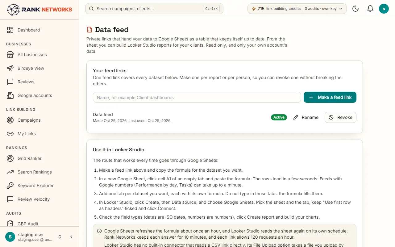 The Data feed page: one Sheets formula per dataset, each with a copy button and a revoke link.
