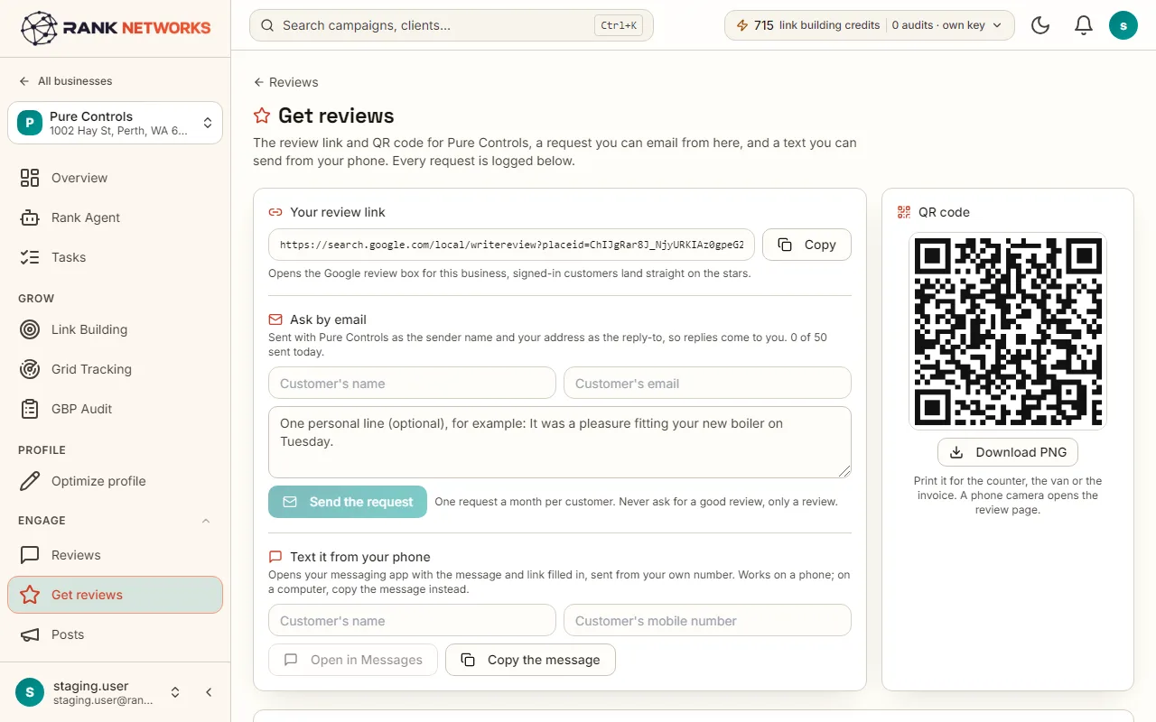 The Get reviews page: the review link and QR code at the top, the email request form, and the log of who was asked.