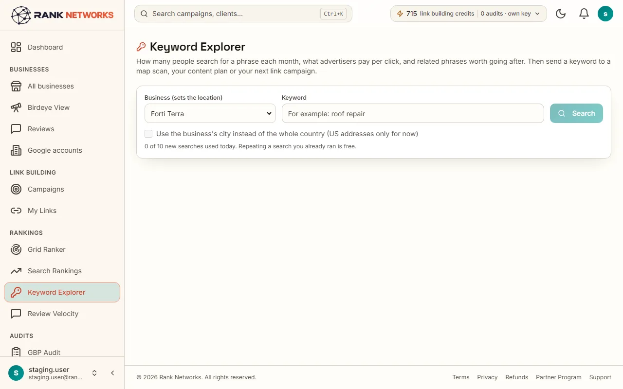 Keyword Explorer: a phrase with its monthly searches, cost per click and competition, and the related phrases under it.