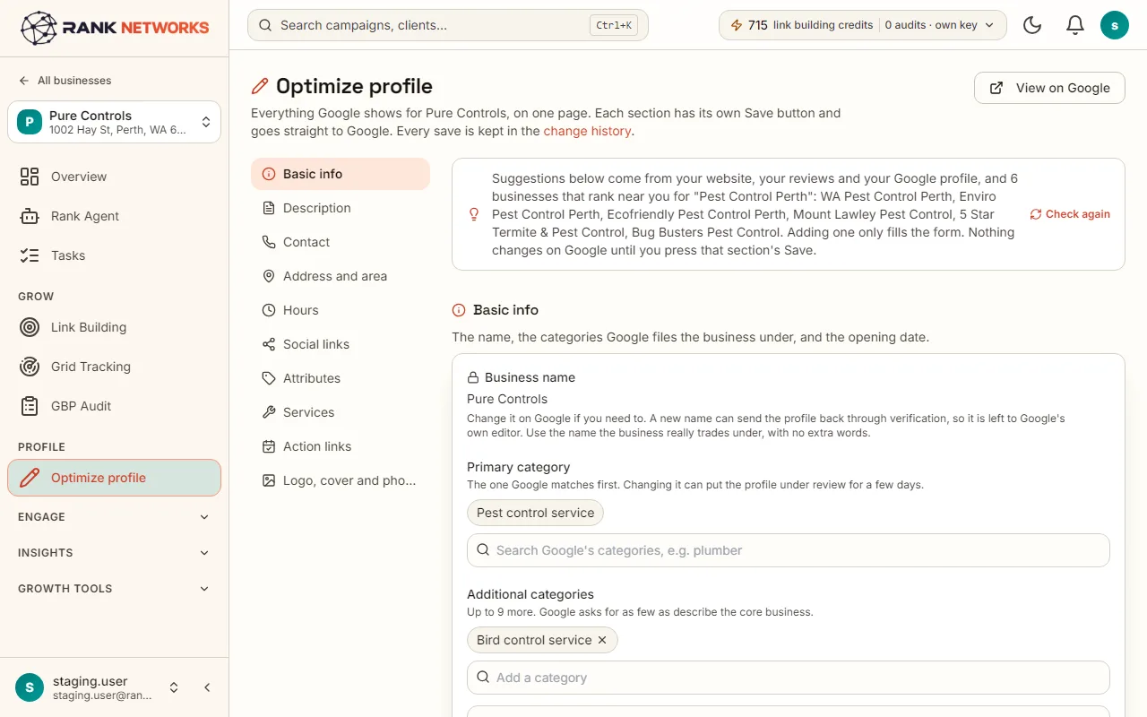 The profile editor: the section index on the left, the description with a drafted suggestion, and the category comparison against nearby businesses.