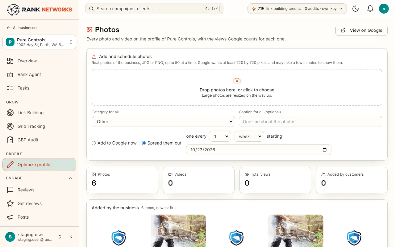 The photo scheduler: a batch of photos with their dates, categories and captions, and the Confirm button.