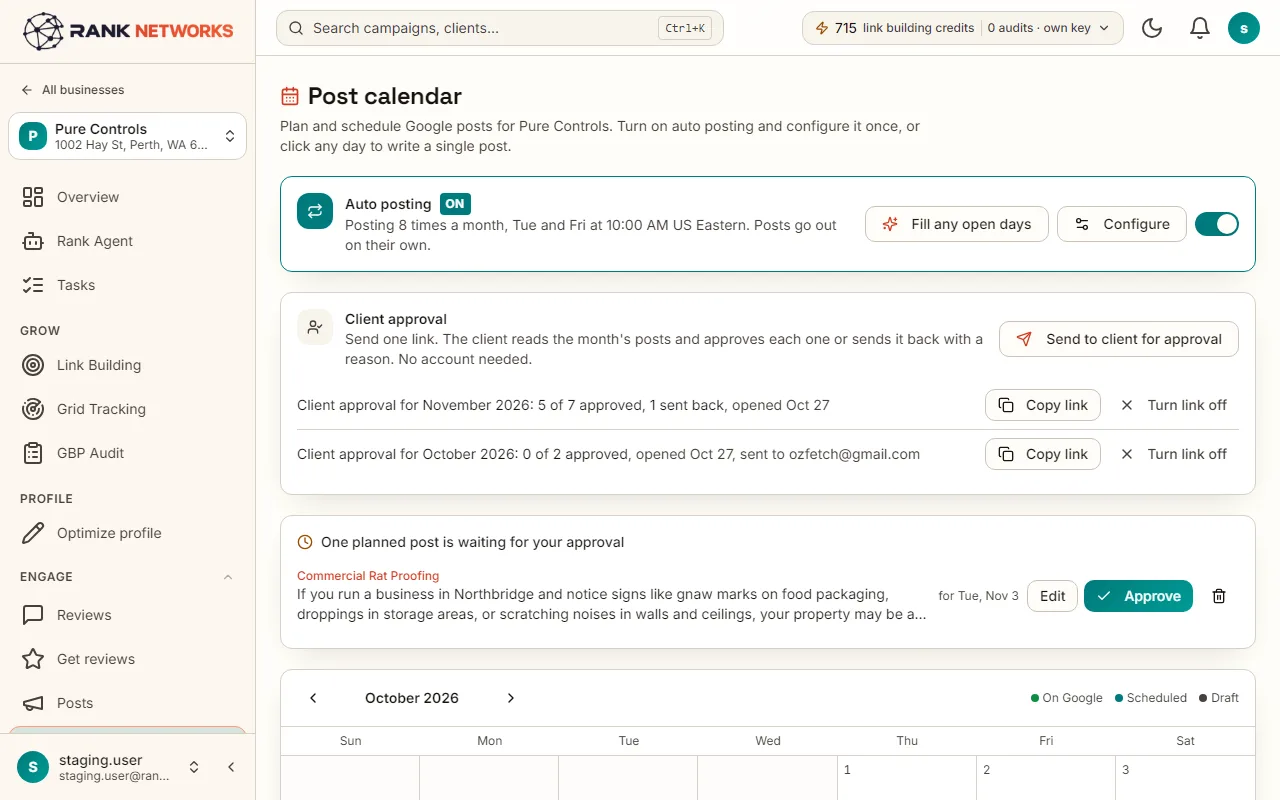 The post calendar: the Auto posting bar with topics, days and image choice, and four weeks of drafted posts ready to approve.