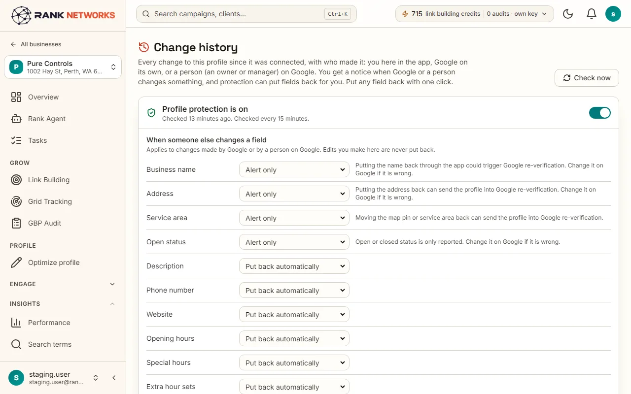 Change history: Google added a category on its own, and Put it back undoes it. The guard settings sit above the log.