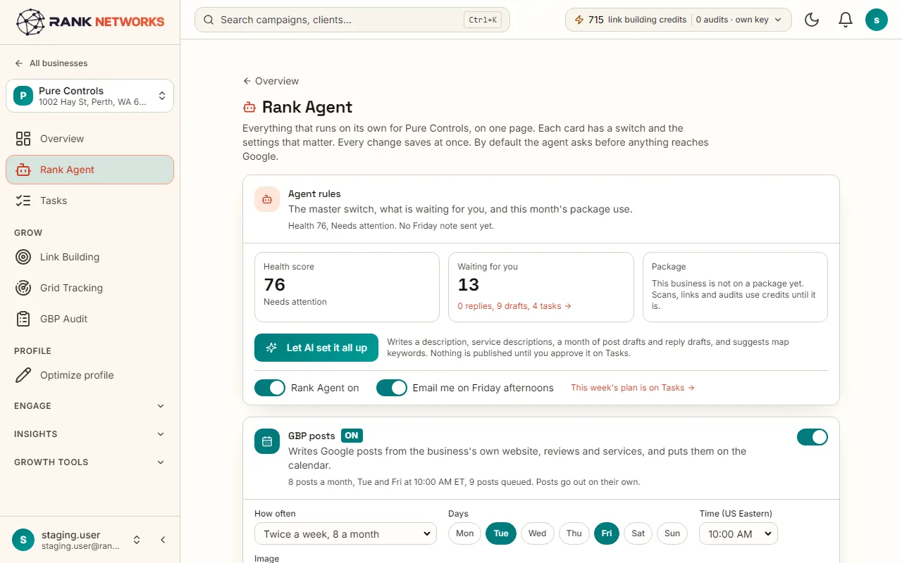 The Rank Agent page for one business: one card per job, each with its switch, status line and main settings, and the health score at the top.