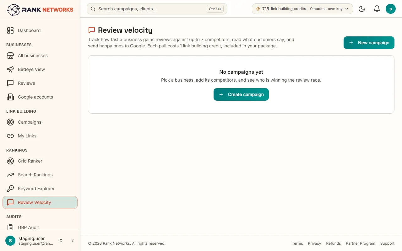 Review Velocity: reviews gained in the last 90 days for a business and its competitors, with each one's rating beside it.