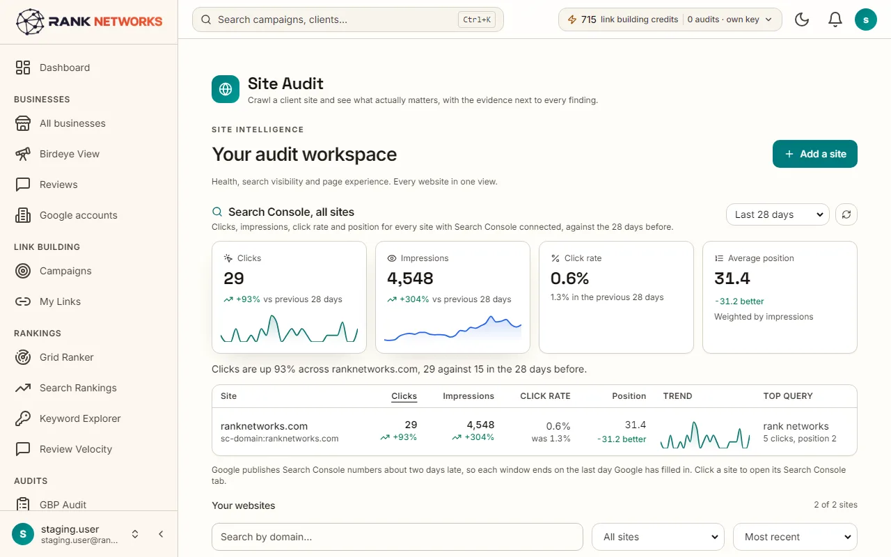 Site Audit: the issue list for one site, each with its severity and the pages affected, and the fix panel open on one.