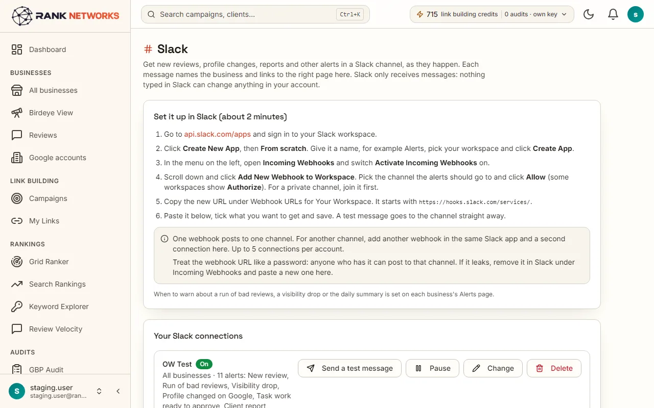 The Slack page: a connection for one client channel with its ticked events, and the test message as it appears in Slack.